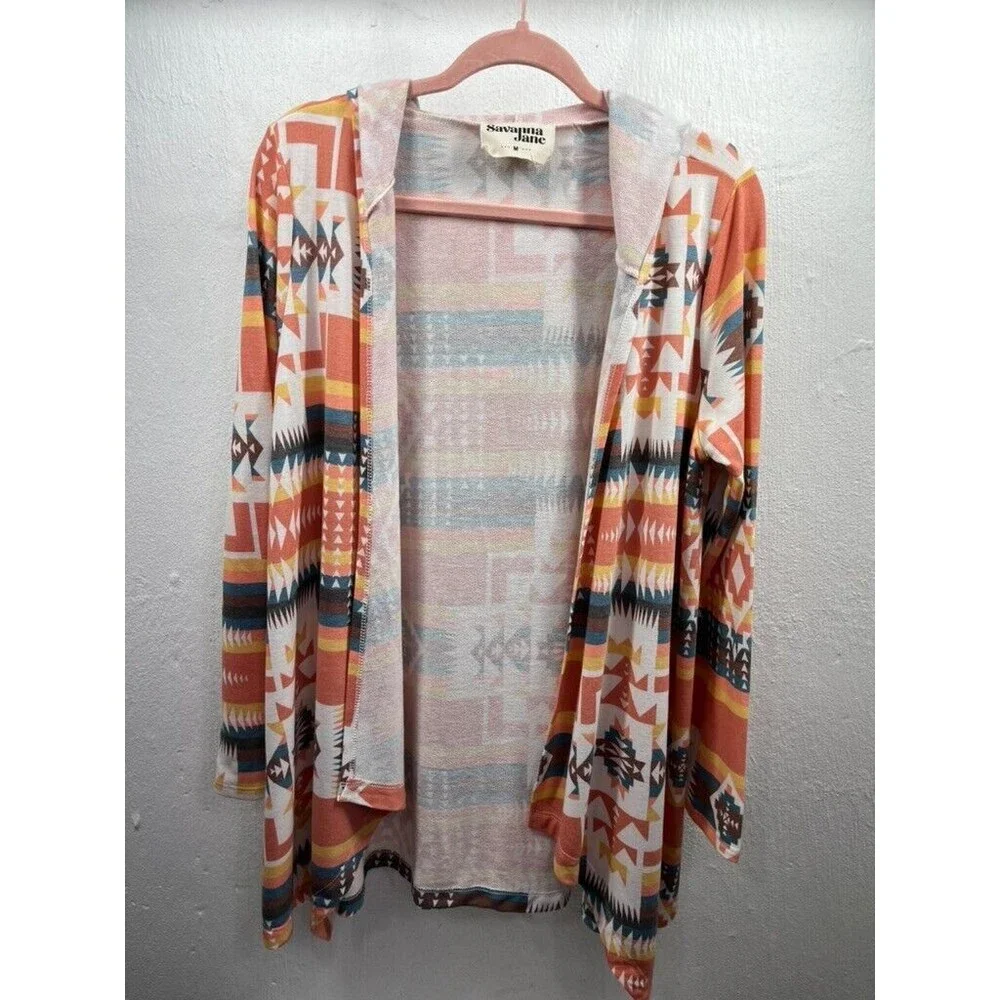 SAVANNA JANE WOMENS MED AZTEC PRINT OPEN FRONT TUNIC HOODED CARDIGAN